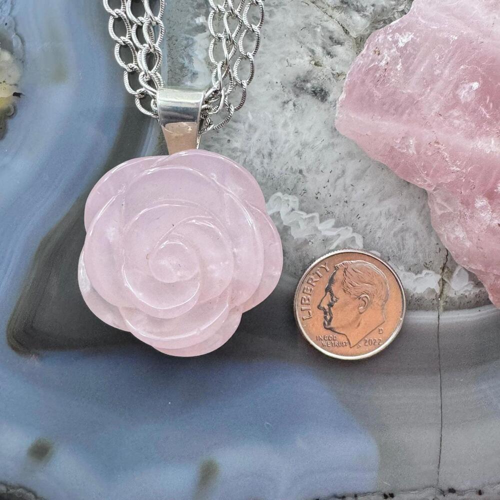 Carolyn Pollack Sterling Carved Rose Quartz Rose Pendant With Chain Necklace - Picture 8 of 10